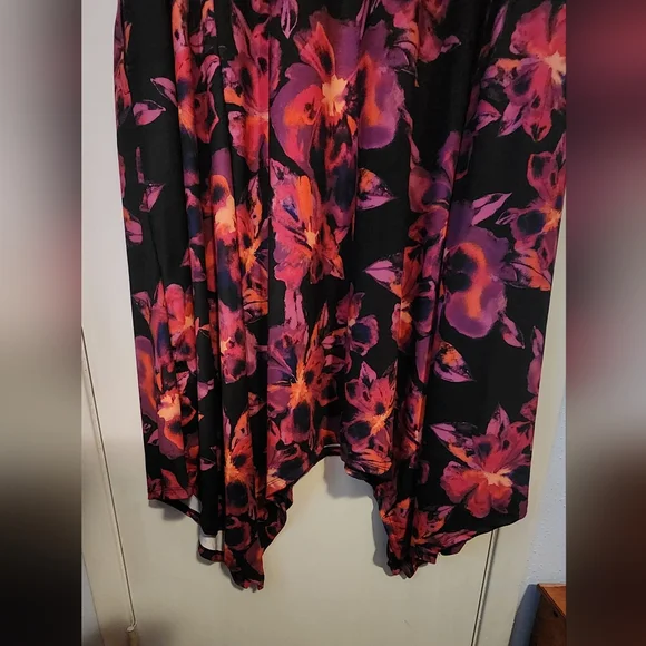 Sleeveless Asymmetrical Dress, Black with Vibrant Floral Design - Picture 4 of 9